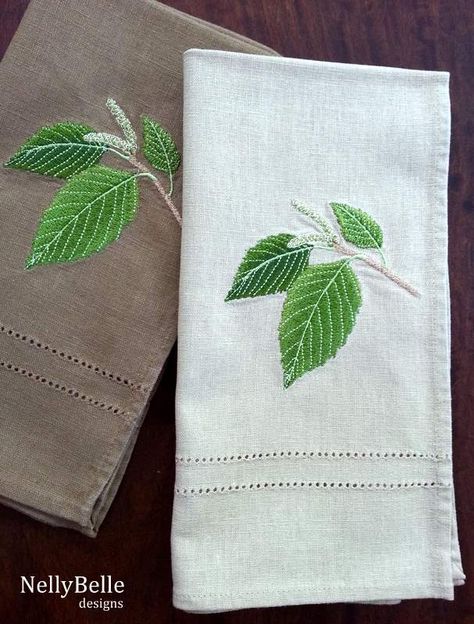 Embroidered napkins. Coffee and taupe linen napkins with woodland embroidery. NellyBelle  Designs Woodland Embroidery, Embroidered Handkerchief, Embroidered Napkins, Custom Monogram, Linen Napkins, Embroidery Applique, Small Designs, Handmade Bags, Hand Embroidered