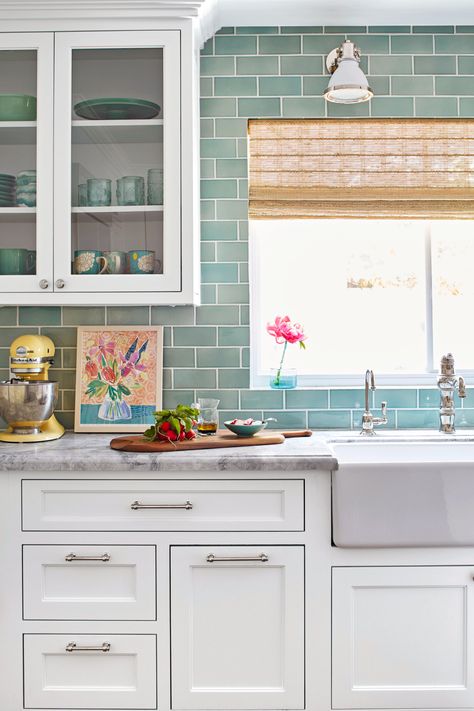 teal-backsplash-white-kitchen-1f2e9ba2 Kitchen Cleaning Checklist, Backsplash With White Cabinets, Trendy Kitchen Backsplash, Kitchen Island With Seating, New Kitchen Cabinets, Subway Tiles, Kitchen Tiles Backsplash, White Kitchen Cabinets, Kitchen Makeover