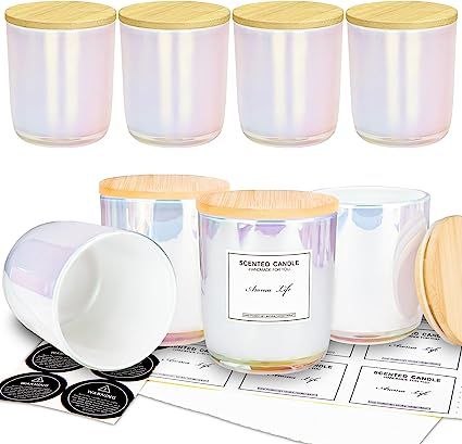 8 Pack, 10oz Iridescent Candle Glass Jars for Making Candles, Thickened Candle Containers with Bamboo Lids and Sticky Labels, Bulk Candle Vessels for Hand Candle Making DIY Craft (White Iridescent) Iridescent Candle, Candle Making Diy, Frosted Candles, Candle Vessels, Candle Reading, Tiny Jars, Bulk Candles, Making Candles, Sticky Labels