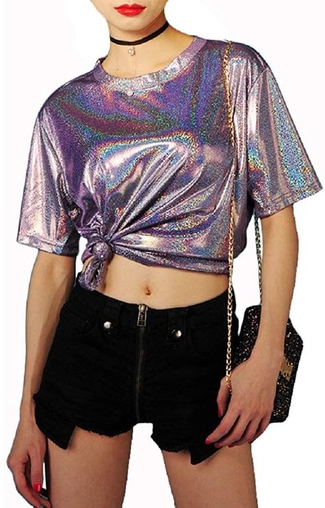 Women Glitter Shiny Metallic T Shirt Tank Tops Holographic Rave Festival Blouse (Purple) at Amazon Women’s Clothing store Holographic Shirt, Holographic Top, Glitter Shirt, Party Blouse, American Girl Clothes, Purple T Shirts, Rave Festival, Blouse Material, T-shirts & Tank Tops