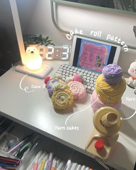 Crochet bts!🍬 Just some things that I’ve made recently and patterns that I’m currently working on 🫧 #amigurumi #crafts #deskdecor #aesthetic #stationery #cute #ａｅｓｔｈｅｔｉｃ #crochet #diycrafts #handmadecrafts #crochetpattern Cute Aesthetic Crochet, Crochet Bts, Crochet Cake, Stationery Cute, Yarn Winder, Crochet Supplies, Yarn Cake, Cake Roll, Cute Aesthetic