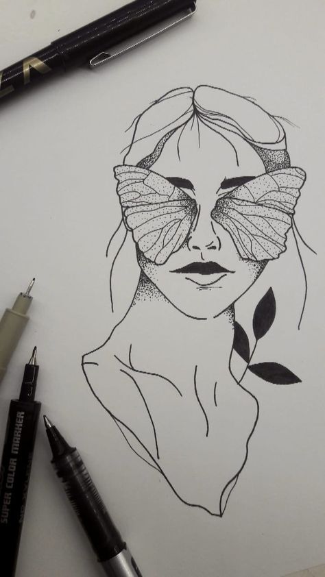 Black Pen Doodles Simple, Face With Butterfly Drawing, Simple Black Pen Drawing, Butterfly On Face Drawing, Butterfly Person Art, Faces Drawing Abstract, Sketches Black Pen, Butterfly Face Drawing, Drawings With Black Pen