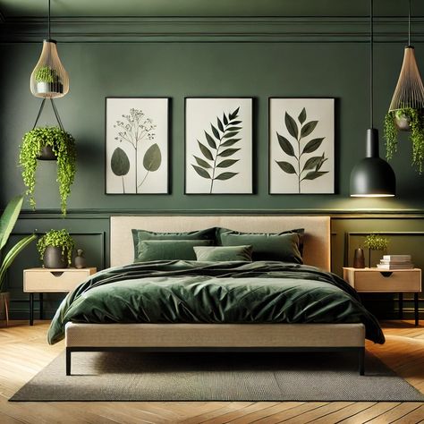 Bring a calm and sophisticated vibe to your bedroom with this modern design featuring a deep green accent wall and a sleek beige bed frame. The bedding in dark green and grey creates a cohesive look, while hanging pendant lights, botanical prints, and wooden nightstands add style. Hanging plants and potted greenery infuse natural warmth, complemented by a woven rug for an inviting, organic ambiance. Deep Green Accent Wall, Bedroom With Green Accent Wall, Green Black Bedroom, Green And Beige Bedroom, Wooden Nightstands, Dark Green And Grey, Beige Bed Frame, Green Accent Wall, Green Accent Walls