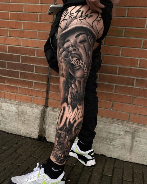 What Is Aesthetic, Gang Tattoos, Chicano Tattoos Sleeve, Full Leg Tattoos, Girl Face Tattoo, Realistic Tattoo Sleeve, Gangsta Tattoos, Street Tattoo, Chicano Style Tattoo