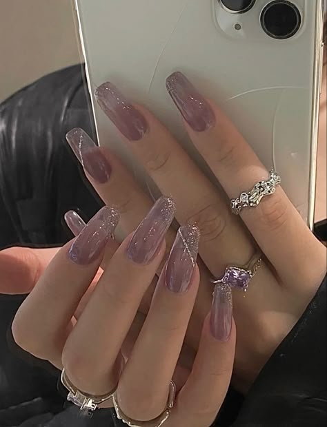 aesthetic long ballerina coffin shiny transparent translucent metallic xiaohongshu nails glitter charms crystals purple lilac lavender chinese korean asian japanese trends tiktok 2022 Lilac Nails, Lavender Nails, Blush Nails, Classy Acrylic Nails, Pretty Gel Nails, Soft Nails, Jelly Nails, Fire Nails, Pretty Acrylic Nails