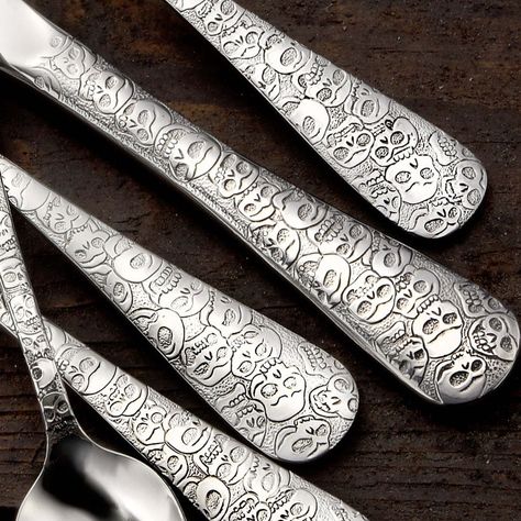 Liberty Tabletop Calavera Stainless Steel Flatware Collection | The Lanam Shop Flatware Patterns, Goth Home, Goth Home Decor, Dark Home, Goth Decor, Skull Decor, Stainless Steel Flatware, Gothic Decor, Gothic Home Decor