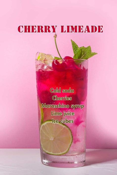 A glass of cherry limeade with fresh cherries, lime slices, and a straw. Cherry Lime Mocktail, Tart Cherry Mocktails, Cherry Limeade Recipe, Refreshing Mocktail, Limeade Recipe, Juice Ice Cubes, Alcohol Free Drinks, Mocktail Recipes, Blueberry Lemonade