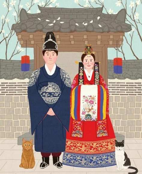 Korean Traditional Wedding, Hanbok Illustration, Hanbok Drawing, Illustration Korean, Simple Portfolio, Ancient Korea, Korean Illustration, Clothes Illustration, Korean Traditional Clothing