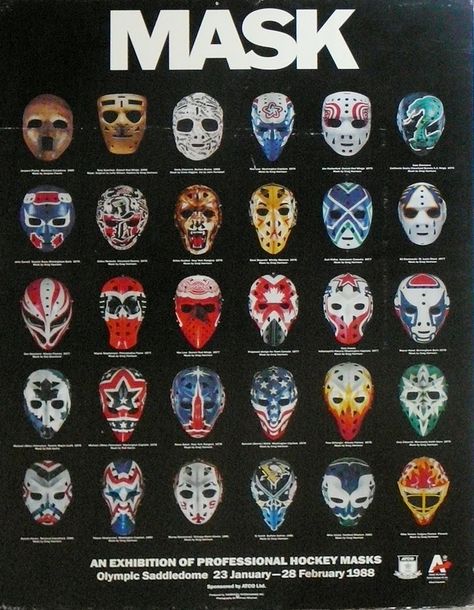 An Exhibition of Professional Hockey Masks,1988 Olympic Games, Calgary Hockey Mask Halloween Costumes, Hockey Mask Drawing, Hockey Mask Halloween, Goalie Mask Designs, Hockey Goalie Mask Design, Hockey Helmet, Nhl Wallpaper, Nhl Boston Bruins, Hockey Logos