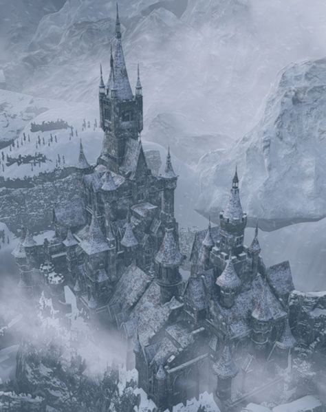 Castle Snow Aesthetic, Snowy Castle Fantasy Art, Ishgard Aesthetic, Snow Castle Aesthetic, Snowy Kingdom, Icy Lake, Castle Dimitrescu, Snow Kingdom, Snowy Castle