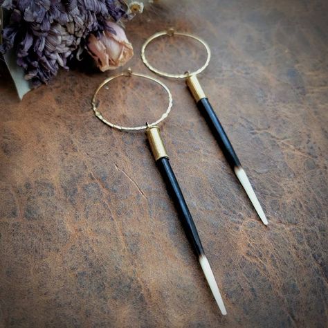 Porcupine Earrings, African Porcupine, Porcupine Quill Jewelry, Quill Jewelry, Quill Earrings, Diy Bohemian, Western Festival, Porcupine Quills, Brass Hoop Earrings