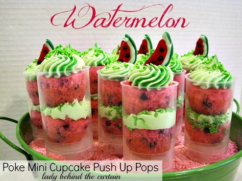 I think I have finally found my 4th of July dessert idea for this year!  Will make in a cup like a trifle. Push Pops Recipes, Watermelon Poke, Watermelon Cupcakes, Cake Push Pops, Push Up Pops, Watermelon Cake, Watermelon Party, Behind The Curtain, Mini Cupcake