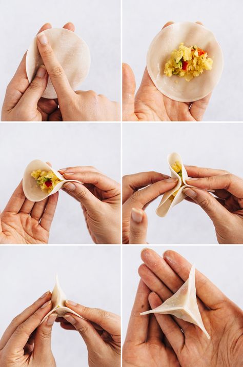 An easy appetizer recipe for Curried Potato Fried Dumplings - includes step-by-step photos on how to fold dumplings. How To Fold Dumplings, Dumplings Folding, Folding Dumplings, How To Make Flat Dumplings, Fry Dumpling Recipe, Fold Dumplings, How To Cook Gyoza, Healthy Nibbles, Won Ton