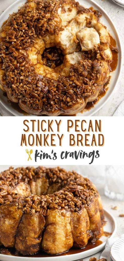 Delicious Sticky Pecan Monkey Bread is a perfectly soft, ooey-gooey pull-apart brunch treat that's super easy to make! This recipe requires just 5 ingredients and 10 minutes of prep time. Your whole family will go crazy for this sweet pastry that will be the hit of any breakfast or brunch! Monkey Bread From Scratch, Pull Apart Monkey Bread, Biscuit Monkey Bread, Pecan Monkey Bread, Monkey Bread Recipe Easy, Pull Aparts, Easy Monkey Bread, Frozen Dinner Rolls, Monkey Bread Recipe