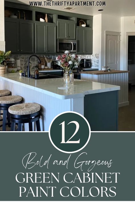 Transform your space with 12 bold and gorgeous green cabinet paint colors. These stunning shades add elegance and style to any room, perfect for a fresh, modern look! #GreenCabinets #GreenCabinets #HomeDecor #BoldHomeDesign #GreenPaint Blue Green Kitchen Cabinets Painted, Blue Vs Green Kitchen Cabinets, Painting Cabinets Green, Newburg Green Benjamin Moore Cabinets, Green Paint Colors For Kitchen Cabinets, Cabinet Colors With White Countertops, Green Cabinets Kitchen Paint Colors, Behr Green Cabinet Paint Colors, Green Paint For Cabinets