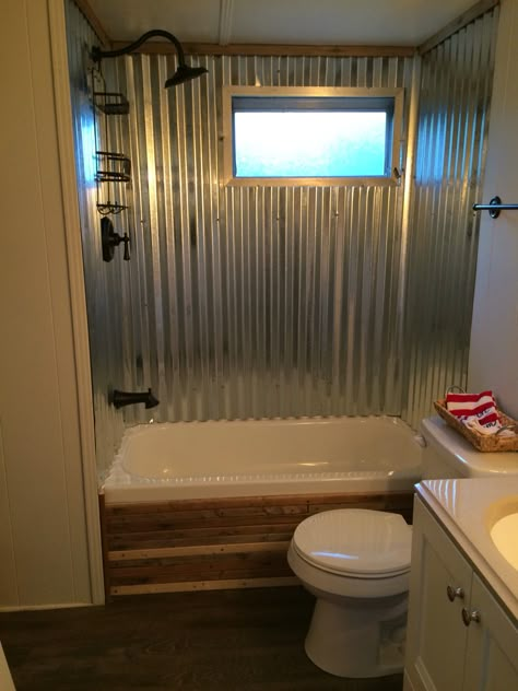 Tin Wall Bathroom, Single Wide Bathroom Ideas, Trailer Restroom Ideas, Trailer Home Remodel Double Wide, Rustic Trailer Remodel, Trailer House Bathroom Remodel, Trailer Bathroom, Trailer Remodel Single Wide Diy Bathroom, Old Bathroom Shower Makeover