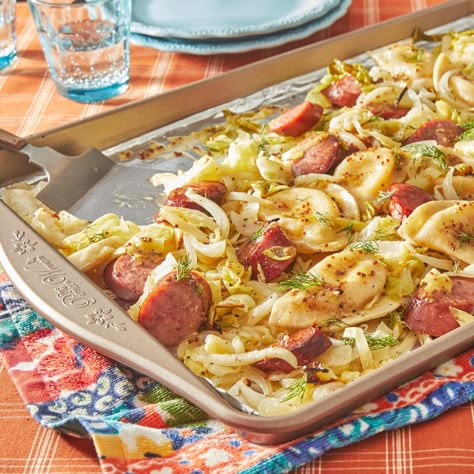 Pierogi And Kielbasa Sheet Pan Dinner, Pierogi Dinner, Kielbasa Sheet Pan, Pierogi Casserole, Polish Foods, Kielbasa Recipes, Braised Cabbage, Easy Sheet Pan Dinners, Kielbasa Sausage