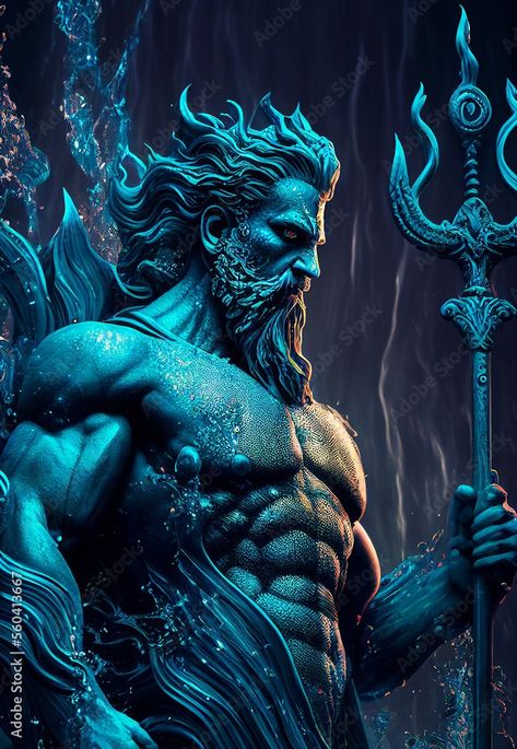 Statue Digital Art, Greek God Poseidon Art, Latin Festival, Poseidon Statue, Mythological Gods, Poseidon Tattoo, Folklore Mythology, God Statue, Japanese Dragon Tattoos