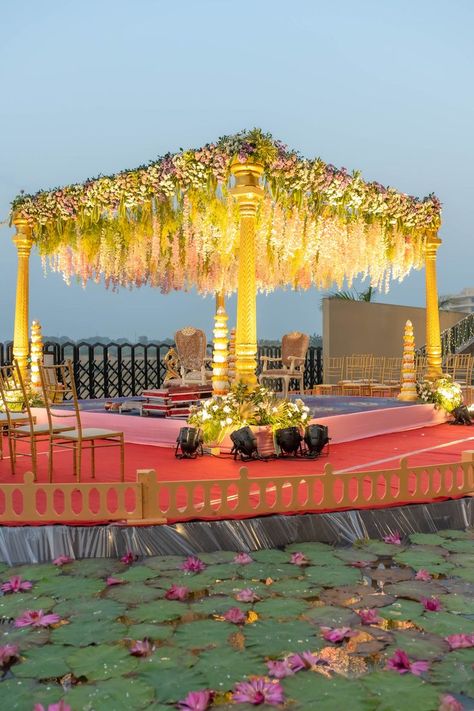 Beautiful waterbody mandap Wedding Background Decoration, Mandap Decor, Wedding Backdrop Decorations, Wedding Mandap, Wedding Stage Decorations, Water Bodies, Background Decoration, Wedding Background, Stage Decorations