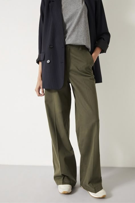 Hush Green Camille Flat Front Cotton Trousers Green Flats Outfit, Khaki Green Pants Outfit, Green And Khaki Outfit, Khaki Trousers Outfit, Green Trousers Outfit, Khakis Outfit, Green Pants Outfit, Trouser Outfit, Green Trousers