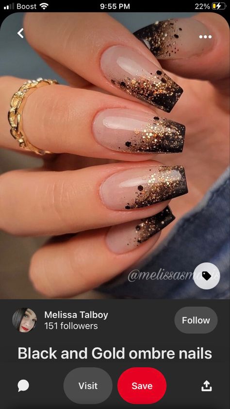 Gold And Rhinestone Nails, New Years Nails Gold Glitter, Gatsby Nails Designs, New Years Short Nails, New Year Make Up, Gold And Black Nails Acrylics, Dark Nails With Glitter, Nail Art Designs 2022, Nail Art Noir