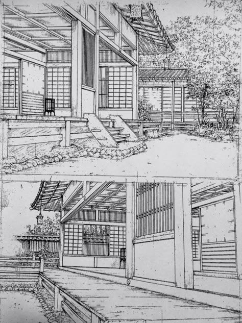 Manga House Drawing, Drawing Japanese House, Traditional Japanese House Drawing, Japan House Drawing, Japanese House Sketch, Japanese House Art, Japanese House Drawing, Japanese Architecture Drawings, Art Buildings