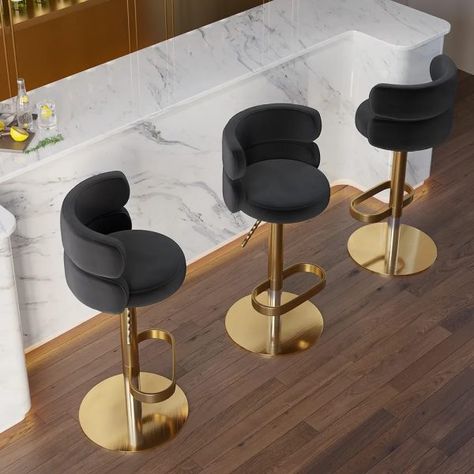 Kitchen Stools Modern, Black And Gold Bar Stools, Counter Height Bar Stools With Back, Black Bar Stools Kitchen, Bar Stools Black, Gold Bar Stools, Luxury Bar Stools, Stool With Backrest, Bar Stools Kitchen Island