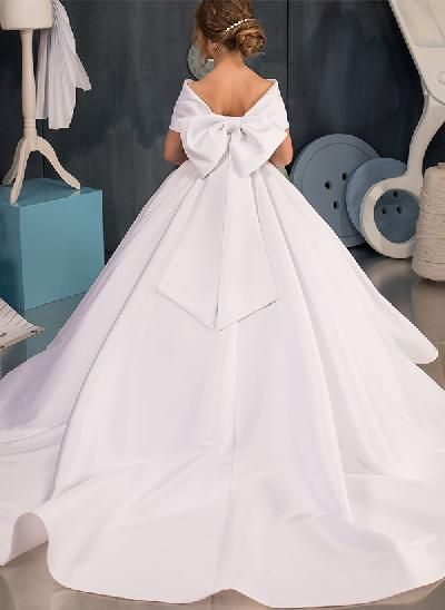 Ball-Gown Off-The-Shoulder Satin Flower Girl Dresses With Bow(s) Girls Birthday Dresses, Satin Flower Girl Dresses, Dresses With Bow, Satin Flower Girl Dress, Ball Gowns Princess, First Communion Dress, White Flower Girl Dresses, Tulle Flower Girl, First Communion Dresses