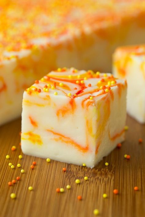 Candy Corn Swirled Fudge - thecafesucrefarine.com Impressive Fall Desserts, Pear Galette, Candy Corn Recipe, Fudge Candy, Harvest Kitchen, Orange Food Coloring, Galette Recipe, Candy Bark, Red Pear