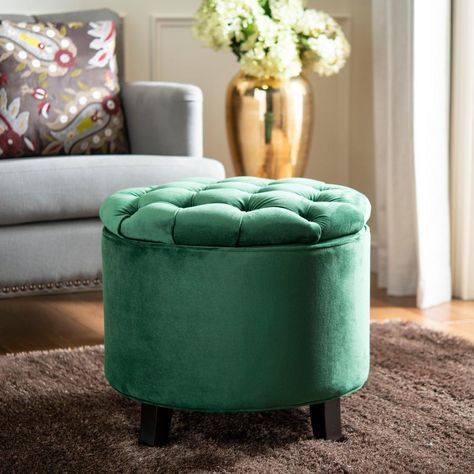 Safavieh Amelia Emerald Storage Ottoman Stylish Ottomans, Round Storage Ottoman, Contemporary Glam, Tufted Storage Ottoman, Tufted Ottoman, Round Storage, Brown Living Room, Round Ottoman, Furniture Outlet Stores