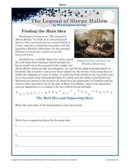 Students read a passage from The Legend of Sleepy Hollow and write the main idea and supporting ideas. Main Idea Lessons, Reading Main Idea, Teaching Main Idea, Main Idea Worksheet, The Legend Of Sleepy Hollow, Middle School Lesson Plans, Legend Of Sleepy Hollow, Middle School Reading, School Worksheets