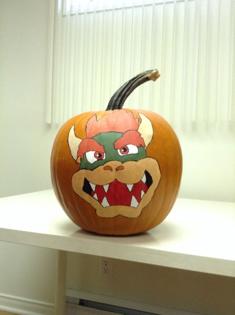 Bowser pumpkin Bowser Pumpkin Painting, Bowser Pumpkin, Mario Pumpkin Painting, Sonic Pumpkin, Mario Pumpkin, Mario Halloween, Pumpkin Painting Party, Pumpkin Decorating Contest, Painting Pumpkins