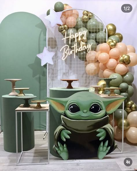 Yoda Party Decorations, Baby Yoda Party Decorations, Grogu Birthday Party, Baby Yoda Baby Shower Ideas, Baby Yoda Birthday Party Ideas, Grogu Birthday, Baby Yoda Party, Baby Yoda Birthday, Star Wars Themed Birthday Party