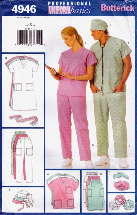 Butterick 4946 Scrubs Uniforms Unisex Sewing Pattern Dress Pants Top Hat Skirt Sizes L-XL Easy Sew Nursing Scrubs Pattern, Unisex Uniform, Scrubs Pattern, Professional Uniforms, Stethoscope Cover, Nursing Scrubs, Scrubs Uniform, Sewing Things, Mens Scrubs