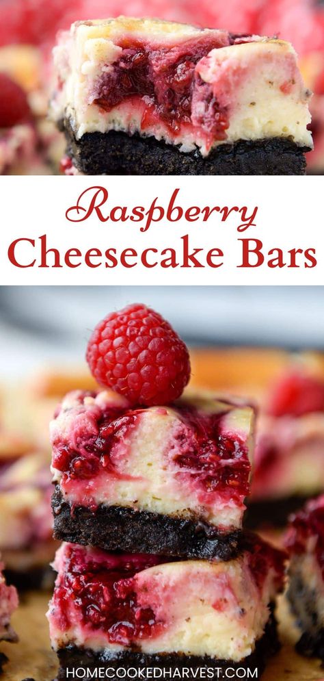 The combination of sweet raspberries, tangy cream cheese, and chocolatey Oreos makes these Raspberry Cheesecake Bars absolutely heavenly! Heavenly Raspberry Cheesecake Bars, Oreo Raspberry Cheesecake, Christmas Raspberry Dessert, Homemade Raspberry Cheesecake, Raspberry Cream Cheese Brownies, Best Cream Cheese Desserts, Chocolate Raspberry Dessert Easy, Raspberry Cheesecake Bars Recipes, Raspberry Cheesecake Pie