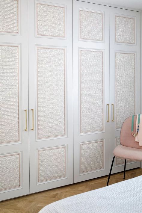 How To Add Interest To Wardrobe Doors | SheerLuxe Upholstered Closet Doors, Upholstered Wardrobe Doors, Upholstered Wardrobe, Wardrobe Decor Ideas, Upholstered Door, Wardrobe Makeover Ideas, Wardrobe Decor, Closet Door Makeover, Closet Organization Ideas