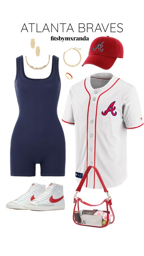 ATLANTA BRAVES GAME OUTFIT #outfitinspo #baseball #baseballoutfit #atlantabraves #fashion #gamedayfit Atlanta Braves Outfit, Braves Game Outfit, Girls Baseball Outfit, Baseball Game Outfit, Baseball Mom Outfits, Bbq Outfits, Braves Game, College Gameday Outfits, Game Outfit