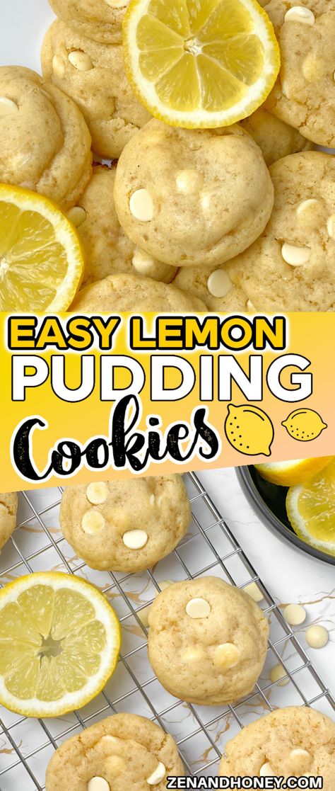 Lemon Pudding Cookies - ZEN AND HONEY Easy Lemon Pudding, Lemon Pudding Cookies, Chewy Lemon Cookies, Cookies With White Chocolate Chips, Blueberry Pudding, Pudding Cookies Recipes, Lemon Cookies Easy, Cookies With White Chocolate, Pudding Cupcakes