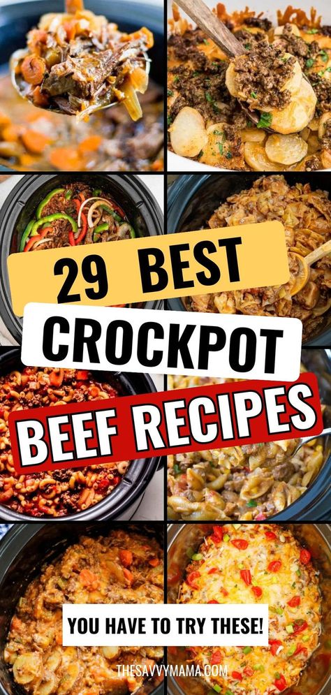 Looking for the perfect juicy beef roast crockpot recipes? Whether you're skipping the carrots or using ground beef, beef stew meat, or a classic beef roast, these crockpot meals have you covered! With options that cook in 6 to 8 hours, these easy recipes pair perfectly with rice for a hearty meal. Ideal for busy weeknights, these beef crockpot meals are simple yet delicious. Get ready to enjoy tender, flavorful dishes without the fuss! Healthy Meat Crockpot Recipes, Beef Fajita Crockpot Recipes, Meats In Crockpot, Main Dishes For Dinner Crockpot, Crock Pot Recipes With Beef, 8hr Crockpot Recipes, Crockpot Meat Meals, Crockpot With Stew Meat, Crockpot Recipe With Stew Meat