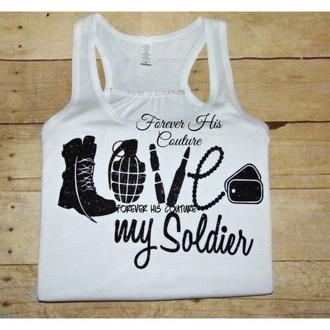 Army Girlfriend Army Wife Army Mom Army Sister Army Dad Soldier... ($21) ❤ liked on Polyvore featuring tops, shirts, black, tanks, women's clothing, army shirt, shirt top, glitter tank top, glitter tank and vinyl shirt Army Shirt Ideas, Military Style Shirts, Army Sister, Military Party, Army Shirt, Glitter Shirt, Army Girlfriend, Army Mom, Army Shirts