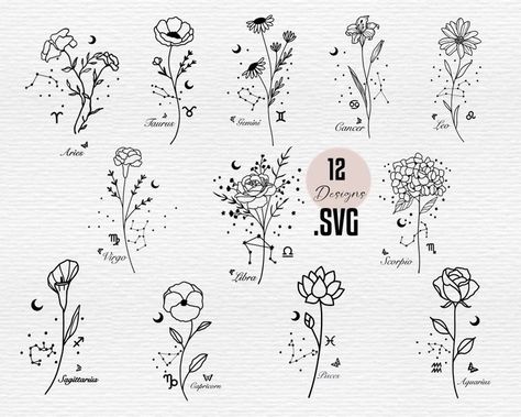 Monthly Flowers, April Zodiac Sign, Mini Tats, Leo Tattoos, Zodiac Sign Tattoos, Tattoo Flash Sheet, Birth Flower Tattoos, Flowers Svg, Zodiac Designs