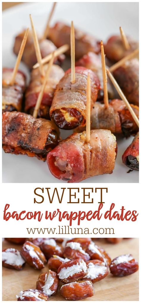 Sweet and savory bacon wrapped dates make a tasty appetizer. The contrasting flavors combine for the perfect bite! #baconwrappeddates #bacon #appetizer #bites Maple Chili, Bacon Dates, Wrapped Dates, Stuffed Dates, Bacon Wrapped Dates, Easy Bacon, Date Recipes, Savory Appetizer, Appetizer Bites