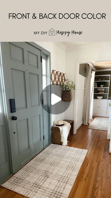 Tiffany Castleberry on Instagram: "My DOOR COLOR…. One of my most asked questions.  The interior and exterior of my front and back doors is @ppgpaints Gray Heron. It’s a gray-green color that takes on different tones depending on lighting and surrounding furnishings. I had it mixed in @benjaminmoore Advance paint in a satin finish.  I love my classic white and wood tones and then adding a pop of color like on a door adds some color & interest.   #doorpaint #painteddoor #entryway #entrywaydecor #entrywaydesign #entrywaybench #doorpaint #grayheron  #benjaminmoore #painting #home #neutralhome" Paint Inside Front Door Entryway, Front Door Color Inside, Grey Green Doors Interior, Inside Front Door Ideas, Front Door Colors Inside, Inside Front Door Colors, Paint Inside Of Front Door, Painted Interior Front Door, Painted Exterior Doors