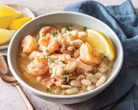 Shrimp and White Bean Soup Lemon Shrimp And Bean Stew, Shrimp And White Beans, Lemony Shrimp And Bean Stew, White Beans And Shrimp, White Bean Soup Recipes, Lemon Shrimp, Shrimp Soup, Layered Salad, Bean Soup Recipes