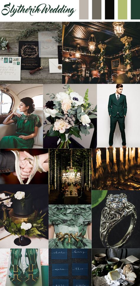 slytherin, harry potter inspired wedding details Slytherin Theme Wedding, Slytherin Wedding Dress White, Slytherin And Ravenclaw Wedding, Slytherin Inspired Wedding, Harry Potter Wedding Slytherin, Bridesmaid Dresses Harry Potter, Harry Potter Aesthetic Wedding, Slytherin Themed Wedding, Slytherin Wedding Aesthetic