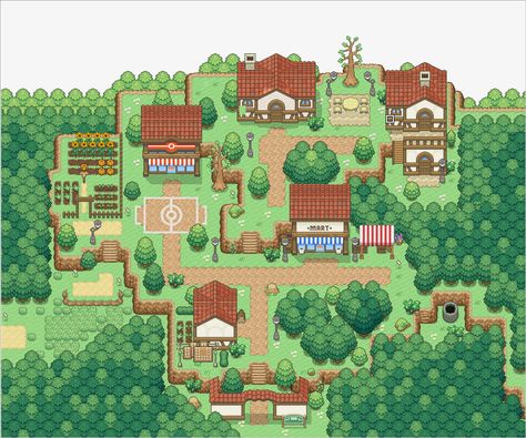 Pokemon Village, Pixel Map, Rpg Town Map, Pokemon Maps, Fictional Town Map, Pokemon 5e Maps, Dnd Forest Town Map, Pokemon Tilesets, Pokemon Towns