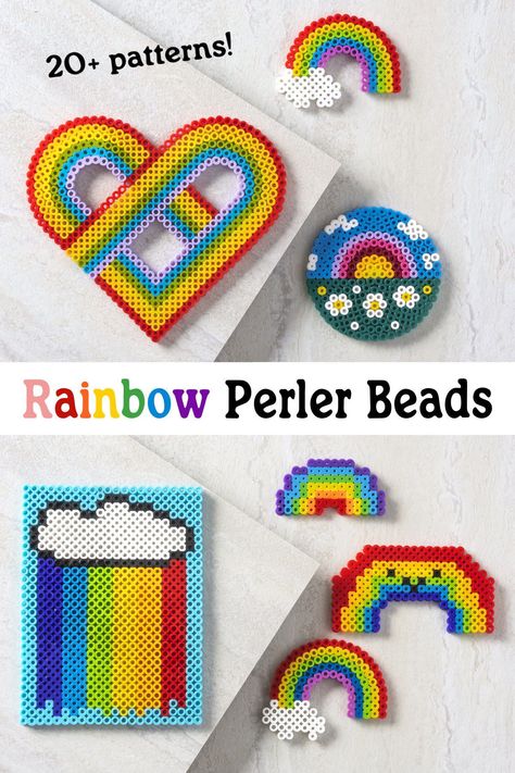 Get over 20 patterns for rainbow perler beads! Both kids and adults will love these patterns, perfect for spring or summer beading. Large Perler Bead Art, Pride Perler Bead Patterns, Perler Bead Rainbow, Kids Crafts Summertime, Pride Stuff, Miyuki Beads Pattern, Perler Creations, Perler Crafts, Beads Designs