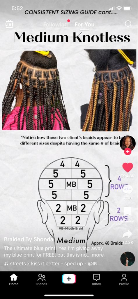 Braid Parting Pattern, Knotless Braids Parting Pattern, Parting Pattern, Braid Parting, Box Braids Sizes, Braiding Pattern, Medium Size Braids, Hair Braid Patterns, Medium Hair Braids