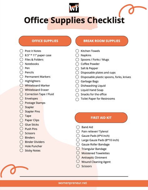 Checklist with list of items for office supplies for small business New Office Supply Checklist, Checklist For Small Business, Basic Office Supplies List, Office Stationary List, Office Needs List, Work Office Supplies List, Stationery Small Business Ideas, Office Essentials Checklist, Business Essentials Products