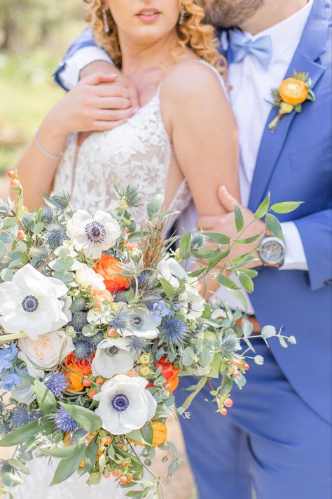 Ice Blue Bridesmaid Dresses, Bridesmaid Dresses Orange, Blue And Orange Wedding, August Wedding Colors, Blue Orange Weddings, Ice Blue Bridesmaid Dress, Orange Wedding Bouquet, Orange Wedding Themes, Orange Wedding Colors